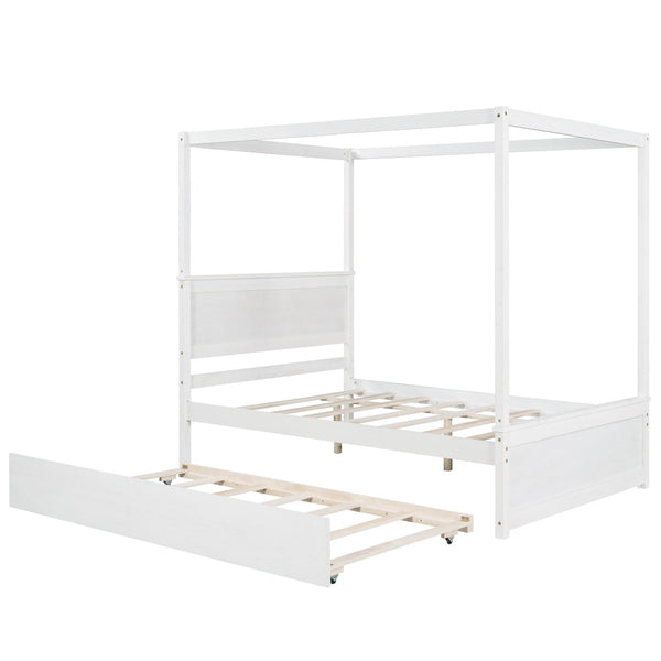 HomeRoots White Wood Full Bed Frame with Twin Trundle - Space-Saving Design for Kids or Guest Rooms, Durable! 606874