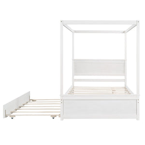 HomeRoots White Wood Full Bed Frame with Twin Trundle - Space-Saving Design for Kids or Guest Rooms, Durable! 606874