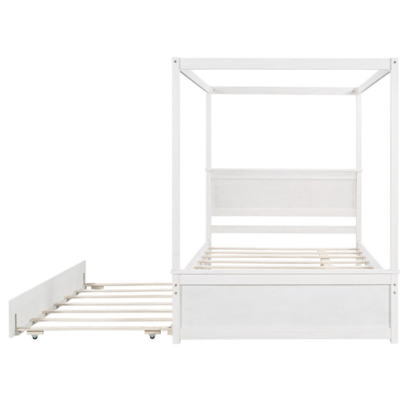 HomeRoots White Wood Full Bed Frame with Twin Trundle - Space-Saving Design for Kids or Guest Rooms, Durable! 606874