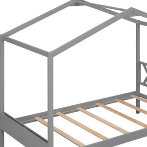 HomeRoots Gray Wood Twin House Bed – Modern Cozy Design with Sturdy Support, Perfect for Kids' Playful Retreat 606875
