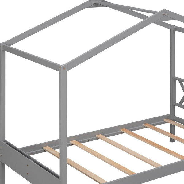 HomeRoots Gray Wood Twin House Bed – Modern Cozy Design with Sturdy Support, Perfect for Kids' Playful Retreat 606875