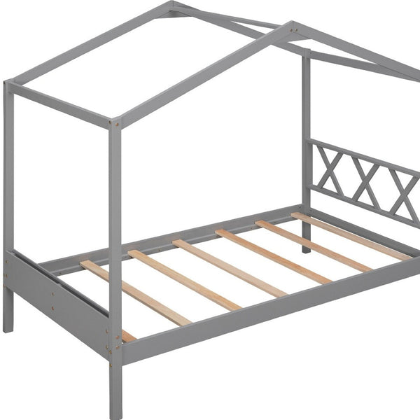 HomeRoots Gray Wood Twin House Bed – Modern Cozy Design with Sturdy Support, Perfect for Kids' Playful Retreat 606875