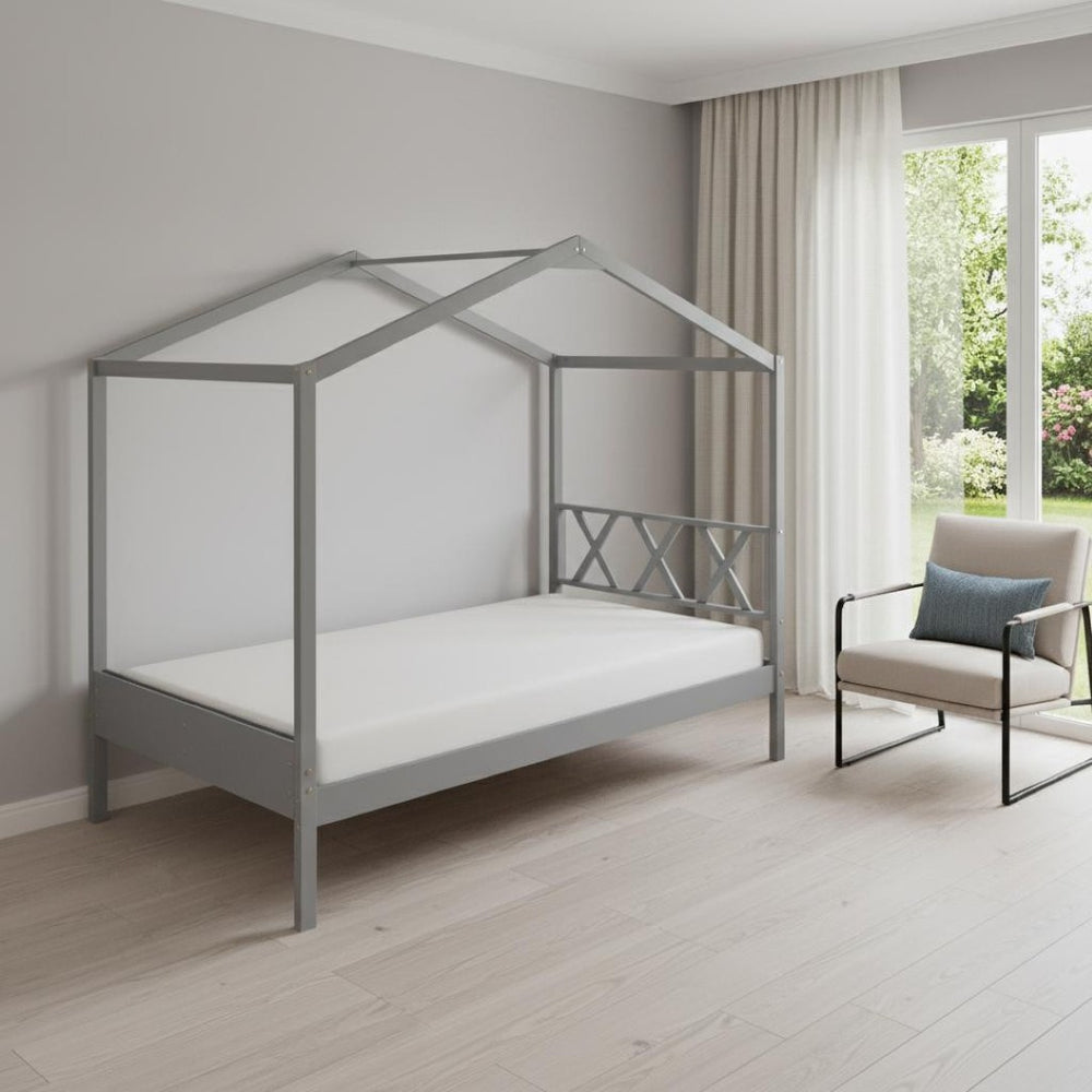 HomeRoots Gray Wood Twin House Bed – Modern Cozy Design with Sturdy Support, Perfect for Kids' Playful Retreat 606875
