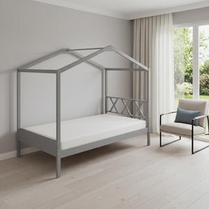 HomeRoots Gray Wood Twin House Bed – Modern Cozy Design with Sturdy Support, Perfect for Kids' Playful Retreat 606875