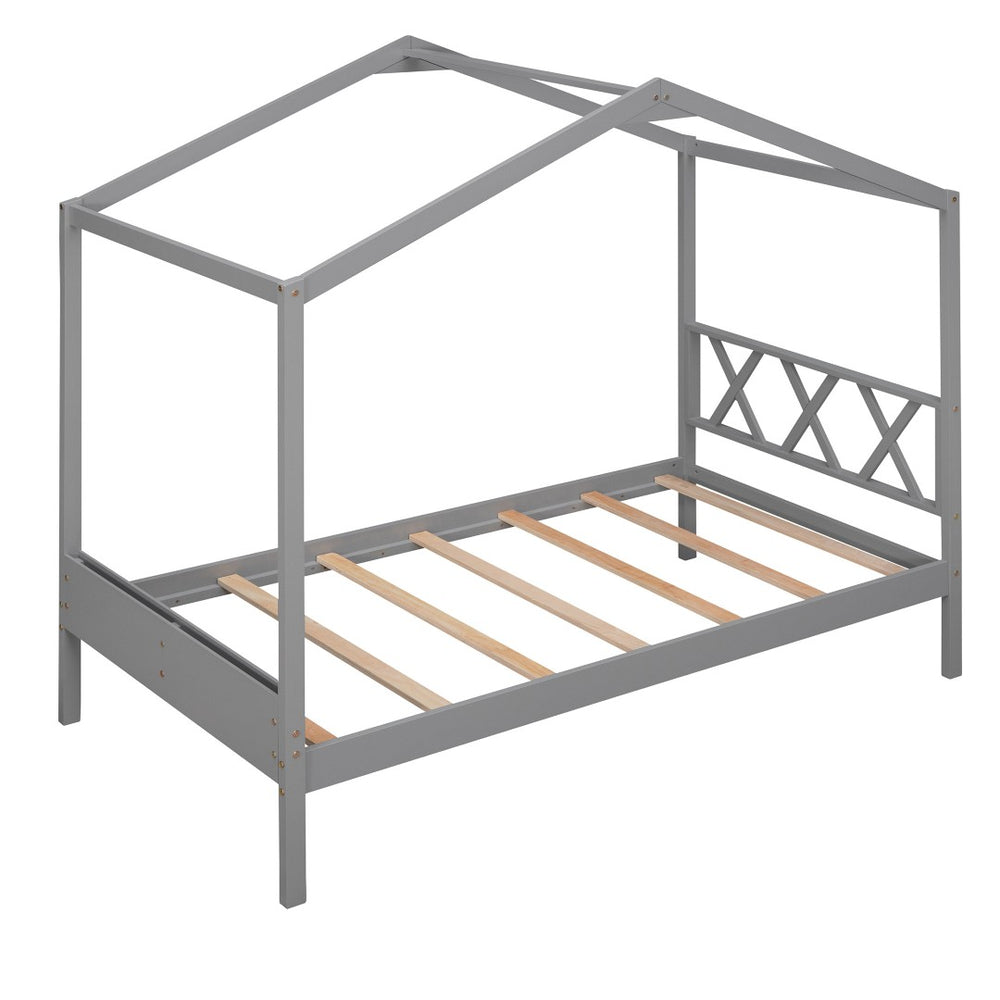 HomeRoots Gray Wood Twin House Bed – Modern Cozy Design with Sturdy Support, Perfect for Kids' Playful Retreat 606875
