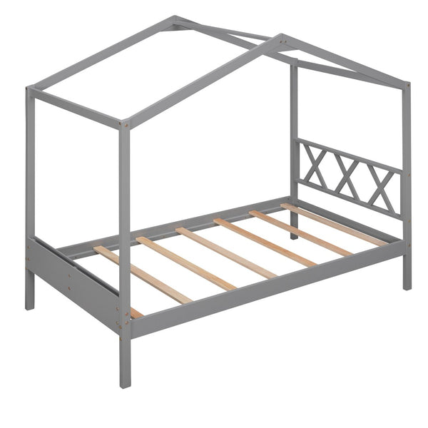 HomeRoots Gray Wood Twin House Bed – Modern Cozy Design with Sturdy Support, Perfect for Kids' Playful Retreat 606875