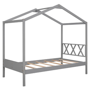 HomeRoots Gray Wood Twin House Bed – Modern Cozy Design with Sturdy Support, Perfect for Kids' Playful Retreat 606875