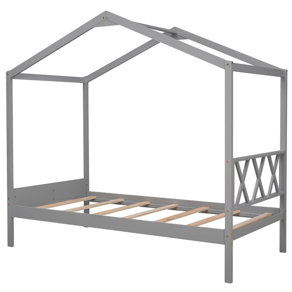 HomeRoots Gray Wood Twin House Bed – Modern Cozy Design with Sturdy Support, Perfect for Kids' Playful Retreat 606875