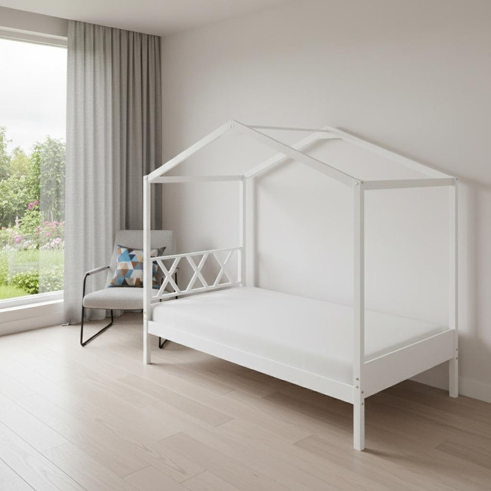 HomeRoots White Wood Twin House Bed – Modern Minimalist Design for Cozy Bedrooms, Durable & Stylish Frame 606876