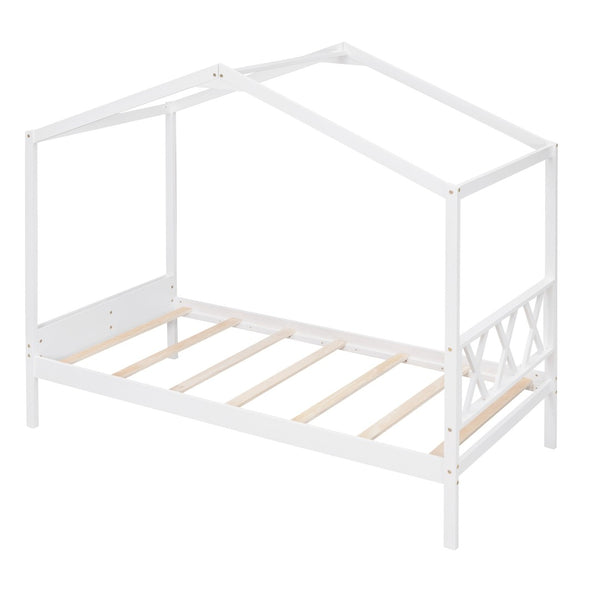HomeRoots White Wood Twin House Bed – Modern Minimalist Design for Cozy Bedrooms, Durable & Stylish Frame 606876