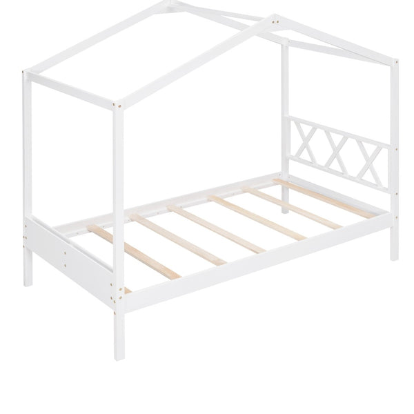 HomeRoots White Wood Twin House Bed – Modern Minimalist Design for Cozy Bedrooms, Durable & Stylish Frame 606876