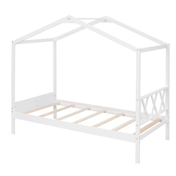 HomeRoots White Wood Twin House Bed – Modern Minimalist Design for Cozy Bedrooms, Durable & Stylish Frame 606876