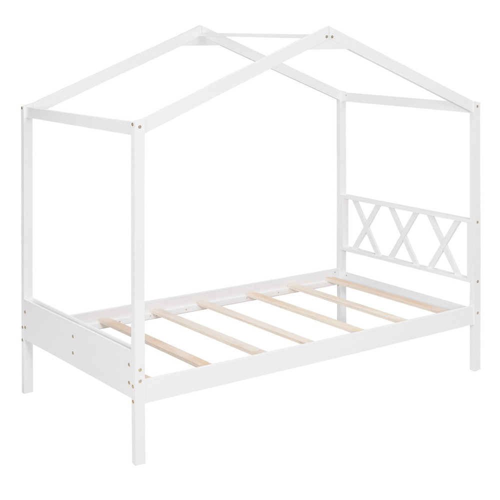 HomeRoots White Wood Twin House Bed – Modern Minimalist Design for Cozy Bedrooms, Durable & Stylish Frame 606876
