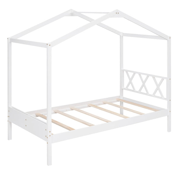 HomeRoots White Wood Twin House Bed – Modern Minimalist Design for Cozy Bedrooms, Durable & Stylish Frame 606876