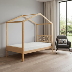 HomeRoots Natural Wood Twin House Bed - Stylish Platform Frame for Cozy Kids' Rooms, Minimalist Spaces & Guests 606877