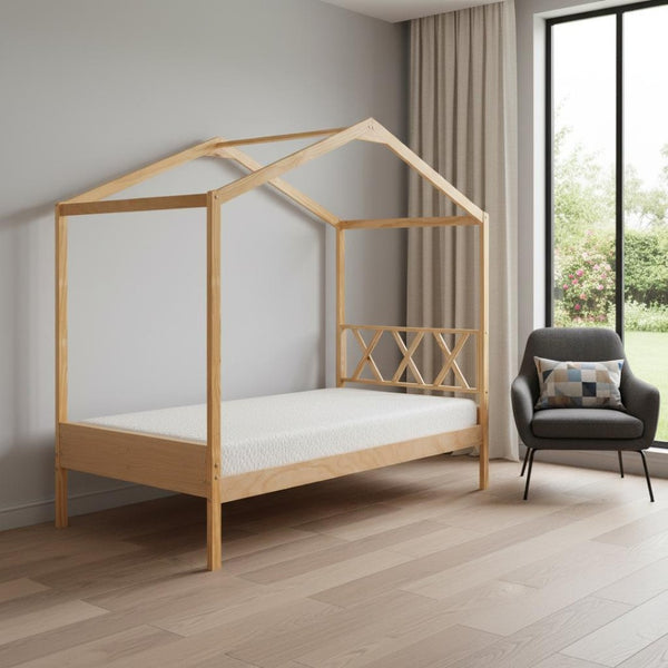 HomeRoots Natural Wood Twin House Bed - Stylish Platform Frame for Cozy Kids' Rooms, Minimalist Spaces & Guests 606877