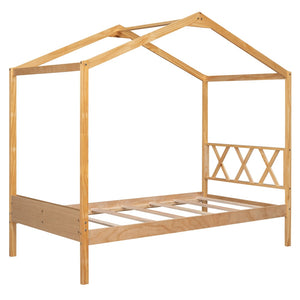 HomeRoots Natural Wood Twin House Bed - Stylish Platform Frame for Cozy Kids' Rooms, Minimalist Spaces & Guests 606877