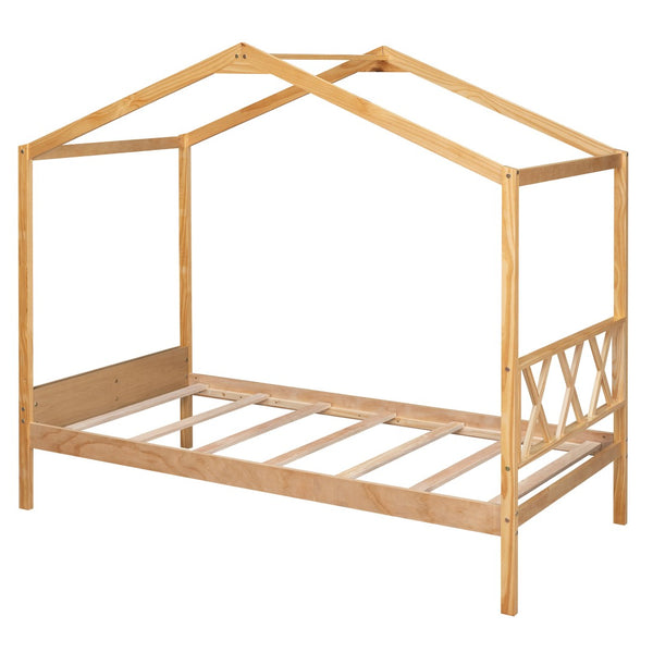 HomeRoots Natural Wood Twin House Bed - Stylish Platform Frame for Cozy Kids' Rooms, Minimalist Spaces & Guests 606877