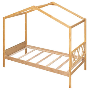 HomeRoots Natural Wood Twin House Bed - Stylish Platform Frame for Cozy Kids' Rooms, Minimalist Spaces & Guests 606877