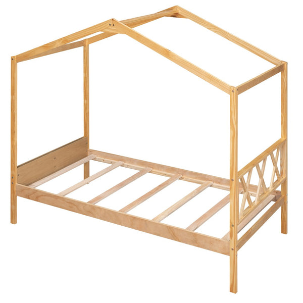 HomeRoots Natural Wood Twin House Bed - Stylish Platform Frame for Cozy Kids' Rooms, Minimalist Spaces & Guests 606877