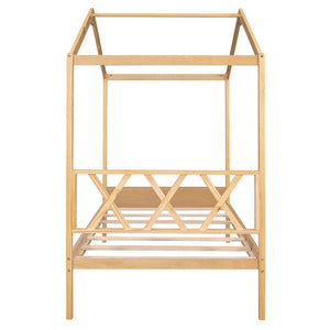 HomeRoots Natural Wood Twin House Bed - Stylish Platform Frame for Cozy Kids' Rooms, Minimalist Spaces & Guests 606877