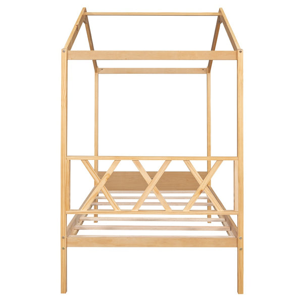 HomeRoots Natural Wood Twin House Bed - Stylish Platform Frame for Cozy Kids' Rooms, Minimalist Spaces & Guests 606877