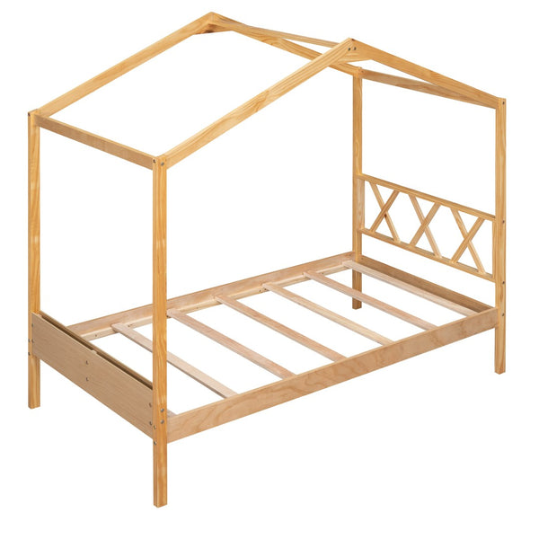 HomeRoots Natural Wood Twin House Bed - Stylish Platform Frame for Cozy Kids' Rooms, Minimalist Spaces & Guests 606877