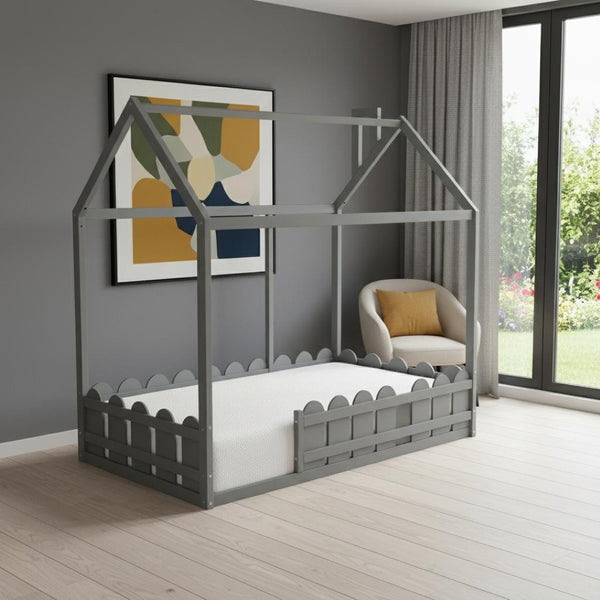 HomeRoots Gray Wood Twin Bed Frame – Modern, Durable Design with Supportive Slats for Small Spaces & Comfort 606878