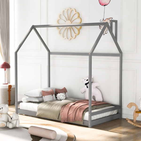 HomeRoots Gray Wood Twin Bed Frame - Modern Platform Design with Sturdy Slats for Ultimate Sleep Support & Style 606881