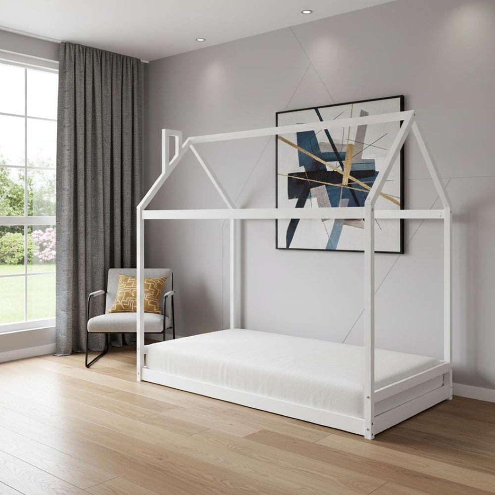 HomeRoots White Wood Twin Bed Frame - Modern Design, Sturdy Support, Easy Assembly, No Box Spring Needed! 606882