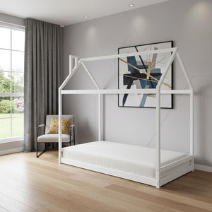 HomeRoots White Wood Twin Bed Frame - Modern Design, Sturdy Support, Easy Assembly, No Box Spring Needed! 606882