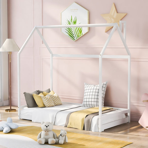 HomeRoots White Wood Twin Bed Frame - Modern Design, Sturdy Support, Easy Assembly, No Box Spring Needed! 606882
