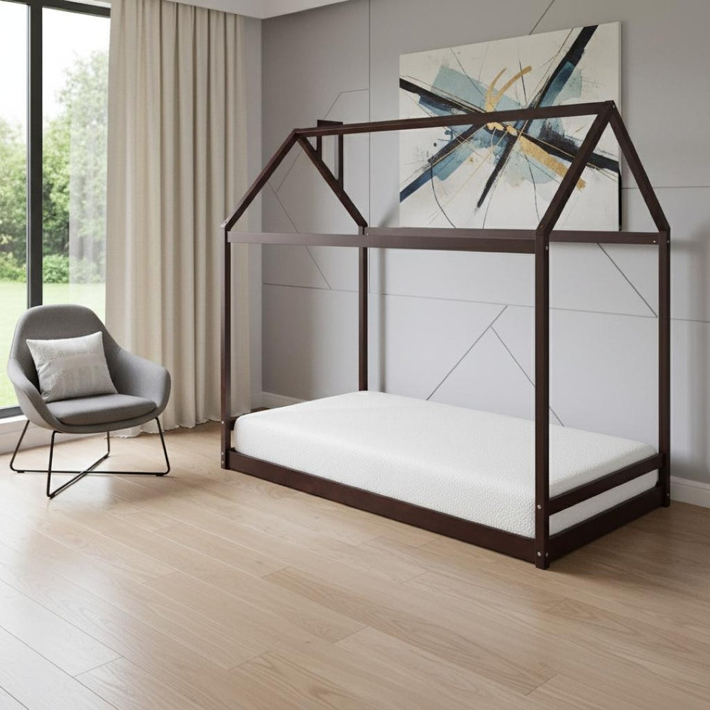 HomeRoots Espresso Wood Twin Bed Frame - Stylish Platform Design with Sturdy Support for Modern Bedrooms 606884
