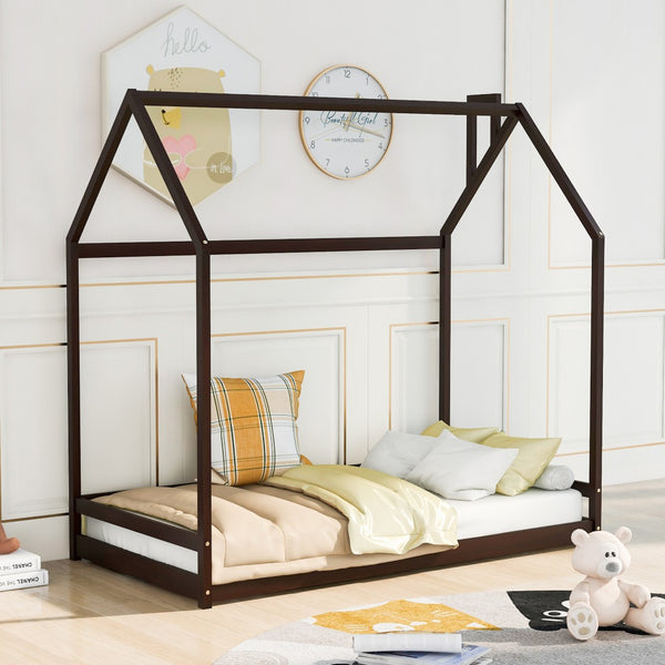 HomeRoots Espresso Wood Twin Bed Frame - Stylish Platform Design with Sturdy Support for Modern Bedrooms 606884