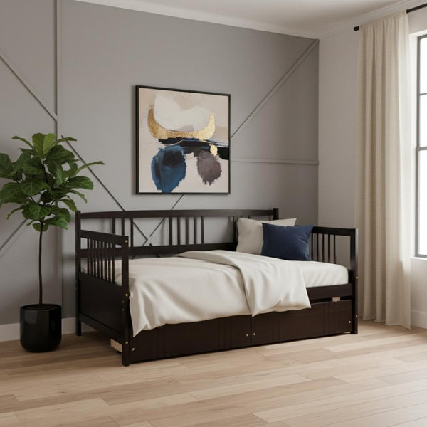 HomeRoots Espresso Wood Twin Daybed Frame with Storage Drawers - Stylish, Space-Saving Design for Any Room 606891