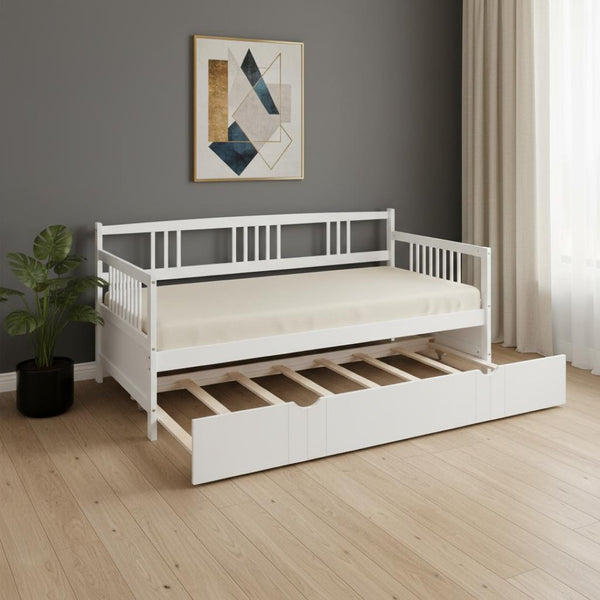 HomeRoots White Wood Twin Daybed Frame with Trundle - Elegant, Space-Saving Design for Versatile Comfort & Style 606892