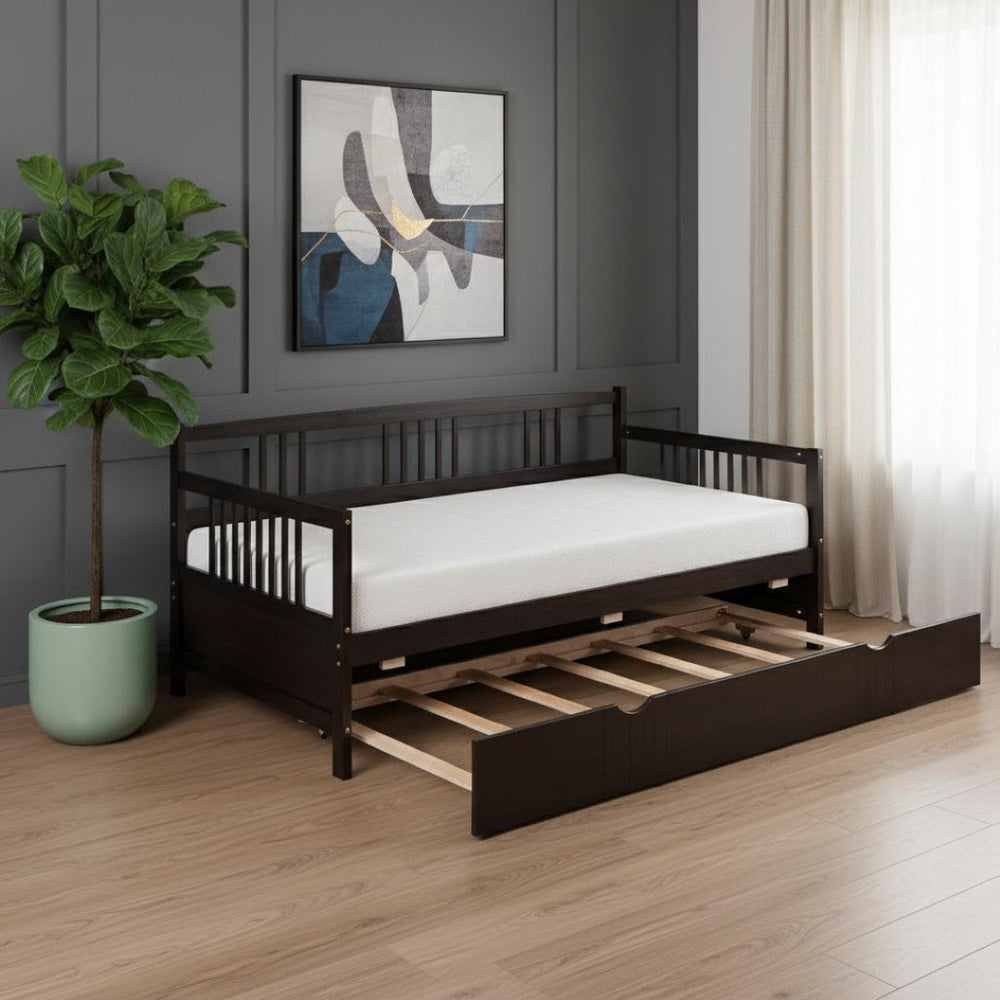HomeRoots Espresso Twin Daybed Frame with Trundle – Stylish, Durable Design for Guest Rooms & Compact Spaces 606893