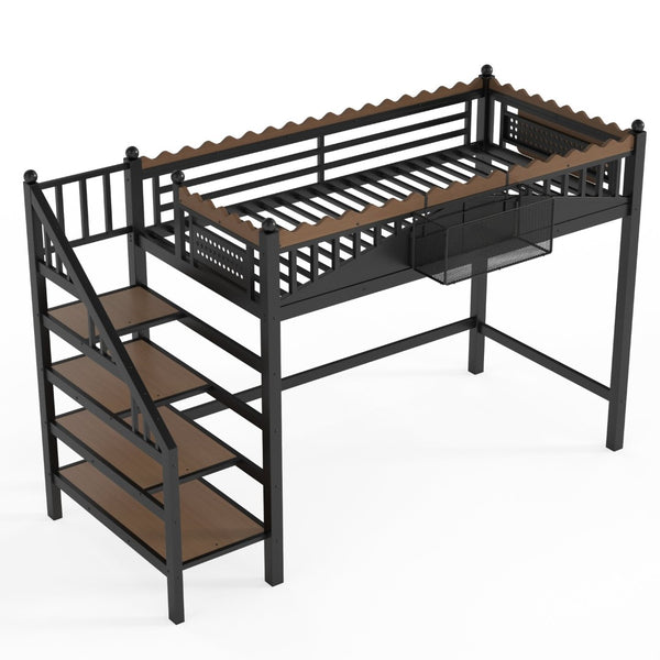 English Elm Twin Xl Metal Loft Bed with Stair Storage Shelves Sturdy Steel Frame for Dorms W1580S00377