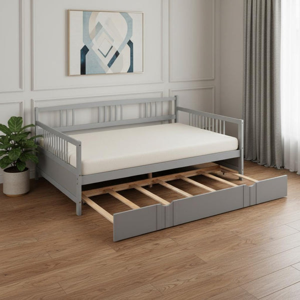 HomeRoots Gray Wood Full Daybed Frame with Trundle – Modern Space-Saving Design for Stylish Guest Rooms & More 606896