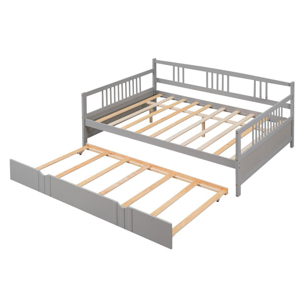 HomeRoots Gray Wood Full Daybed Frame with Trundle – Modern Space-Saving Design for Stylish Guest Rooms & More 606896