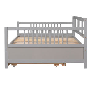 HomeRoots Gray Wood Full Daybed Frame with Trundle – Modern Space-Saving Design for Stylish Guest Rooms & More 606896