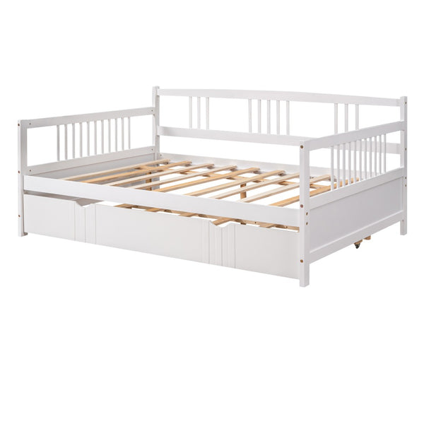HomeRoots White Wood Full Daybed Frame with Trundle - Versatile & Stylish Solution for Guest Rooms & Small Spaces 606897