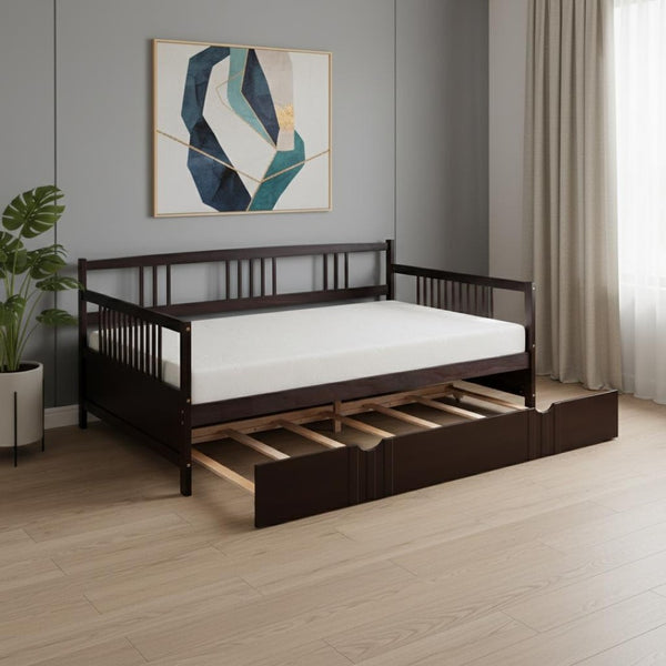 HomeRoots Espresso Full Daybed Frame with Trundle - Stylish Guest Solution, Modern Design, Durable Wood Construction 606898