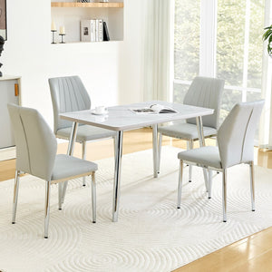 English Elm Table and Chair Set Marble Glass Top Silver Legs with Four Pu Seats for Dining W1151S04642