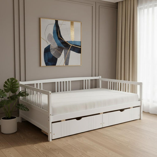 HomeRoots White Wood Full Daybed Frame with Drawers - Stylish, Versatile Design for Sleep and Storage Solutions 606900