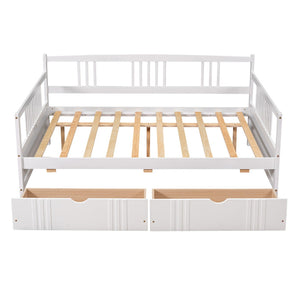 HomeRoots White Wood Full Daybed Frame with Drawers - Stylish, Versatile Design for Sleep and Storage Solutions 606900