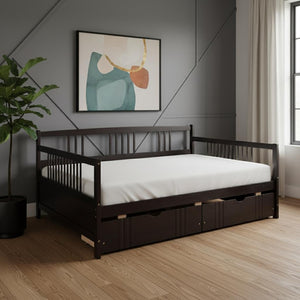 HomeRoots Espresso Wood Full Daybed Frame with Built-in Storage, Elegant Design for Versatile Bedroom Use 606901