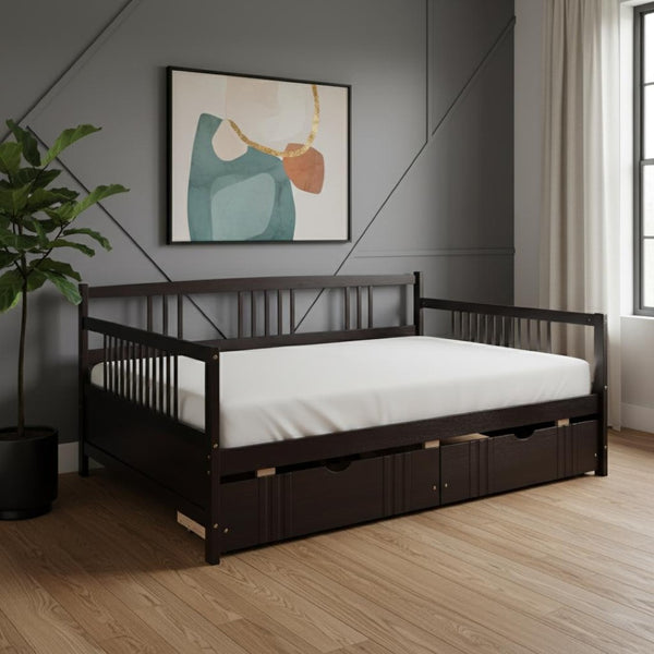 HomeRoots Espresso Wood Full Daybed Frame with Built-in Storage, Elegant Design for Versatile Bedroom Use 606901