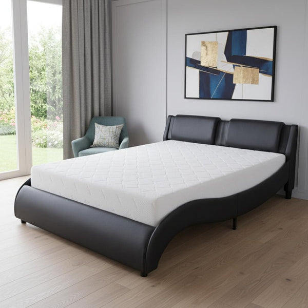 HomeRoots Black Faux Leather Upholstered Full Bed Frame - Modern Design, Padded Headboard & Easy Maintenance 606904