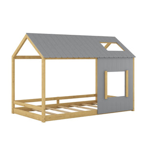 HomeRoots Gray Wood Twin House Bed - Modern Minimalist Design with Sturdy Support for Stylish Comfort in Any Room 606907